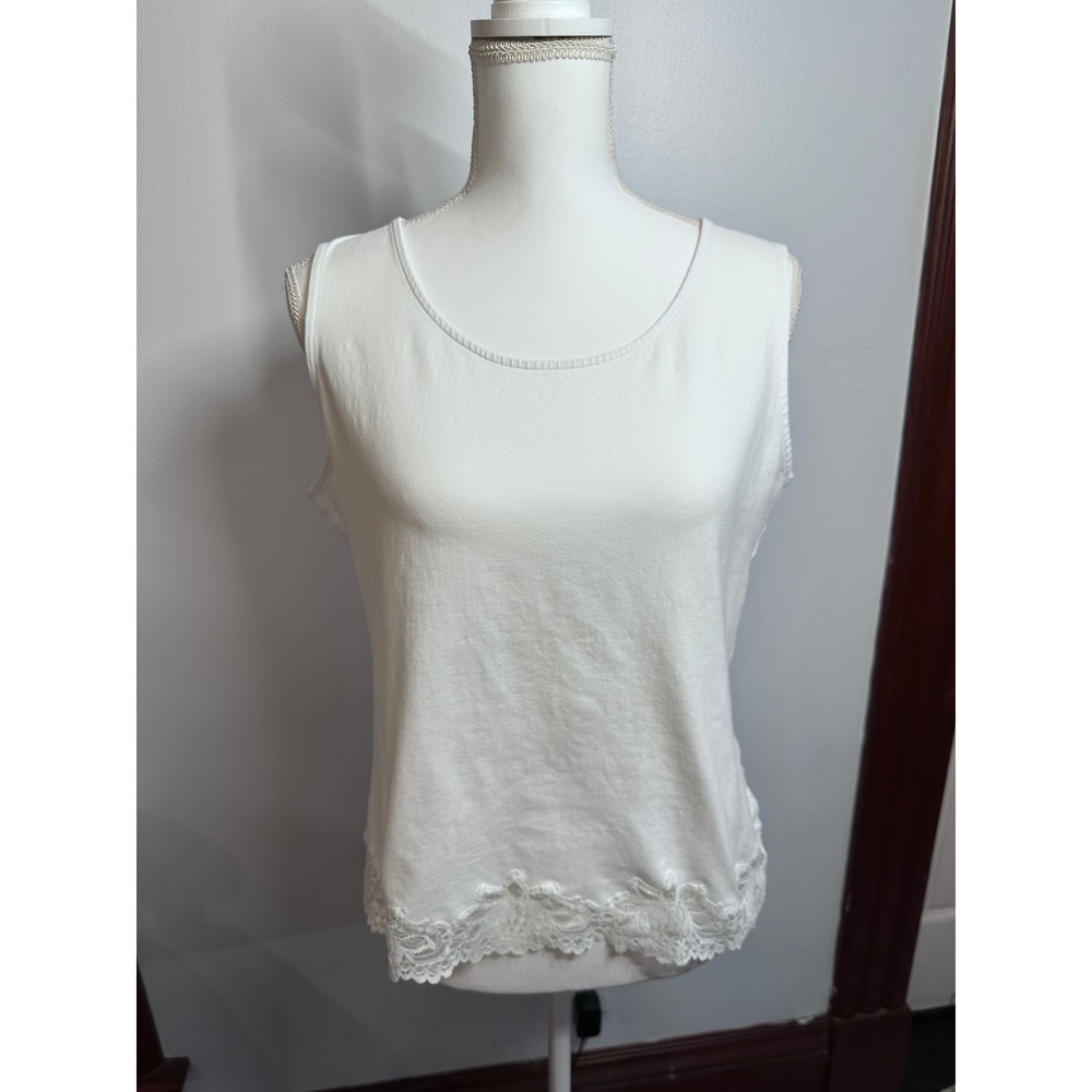 Coldwater Creek White Sleeveless Tank Top Lace Hem Scoop Neck Cotton Blend L